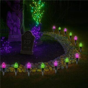 Halloween Stake Lights, 10PK C9 LED Pathway Lights with Purple & Green Bulbs